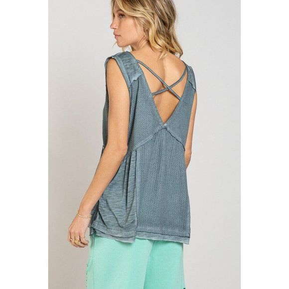 POL CLOTHING V-neck Tank Top with Stud Trim Ocean Teal Summer Spring New TKT709 - Picture 4 of 7